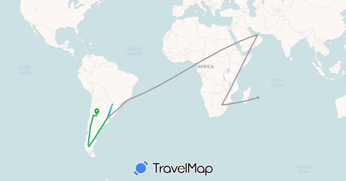 TravelMap itinerary: driving, bus, plane, boat in United Arab Emirates, Argentina, Brazil, Réunion, Uruguay, South Africa (Africa, Asia, South America)